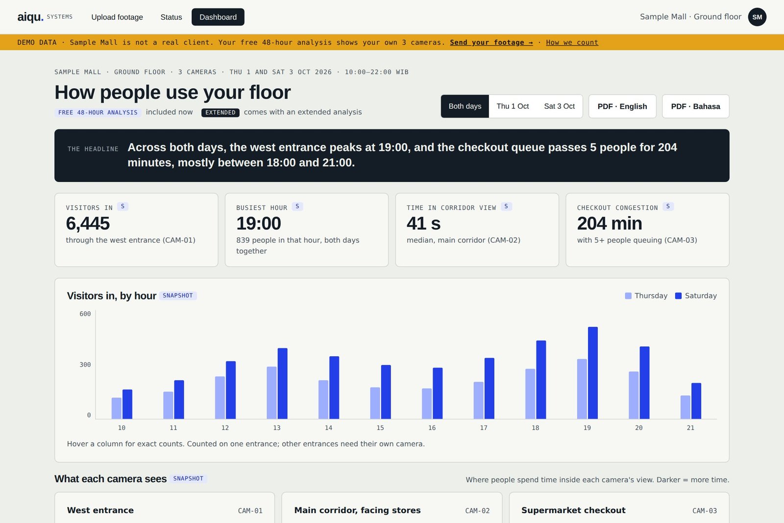 Sample dashboard: 6,445 visitors in, busiest hour 19:00, checkout queue over 5 people for 204 minutes